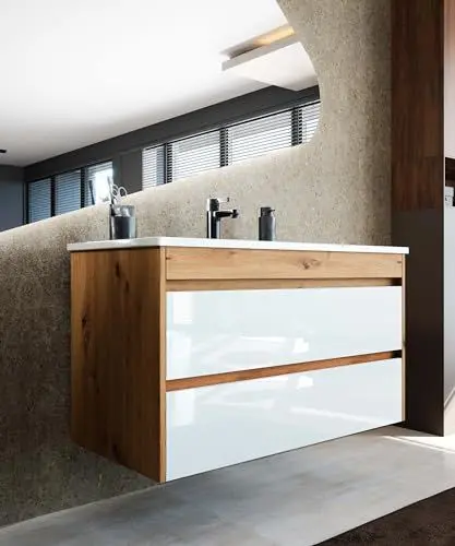 Produktbild: Newroom Waschbeckenunterschrank inkl. Waschbecken Teil-lackiert - Weiß Hochglanz/Holz Eiche - Hängend - mit viel Stauraum - 99,5x58x47,5 cm (BxHxT) - Badezimmermöbel, Waschtisch, Unterschrank