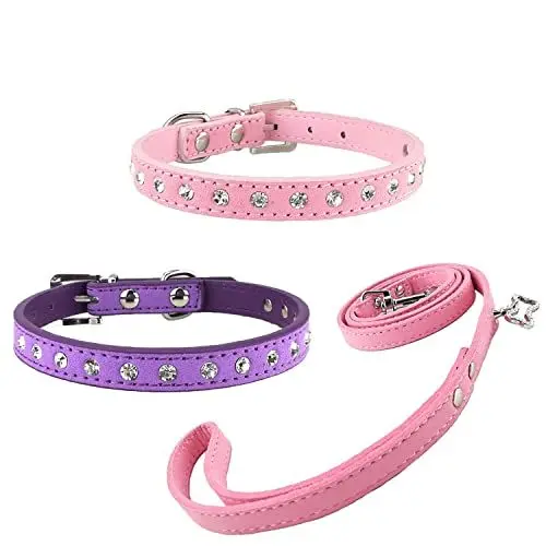 Produktbild: Newtensina 3 Stück Hundehalsband mit Leine Set 2 Stück Bling Wildleder Welpen Halsband mit niedlichen rosa Leine für kleine Hunde Katzen