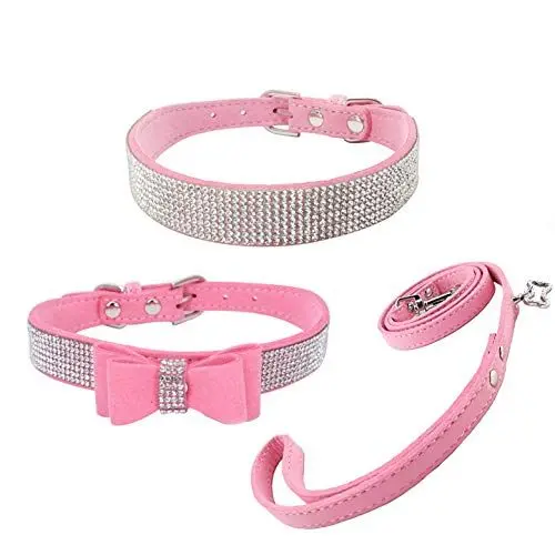 Produktbild: Newtensina 3 Stück Mode Hundehalsband und Leine Set Wildleder Bling Hundehalsband mit Fliege Welpen Halsband und Leine für kleine Hunde Katzen