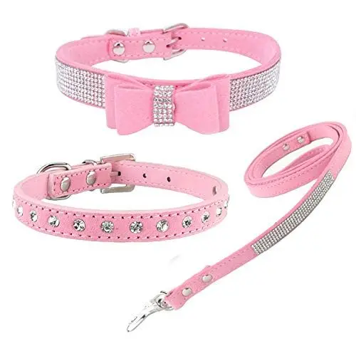 Produktbild: Newtensina 3 Stück stilvolle Hundehalsband und Leine Set süße weiche Wildleder Bling Hundehalsband mit Fliege Welpen Halsband und Leine für kleine Hunde Katzen - Pink - XXS