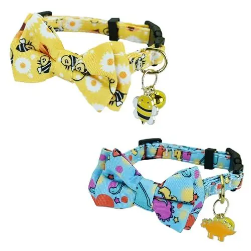 Produktbild: Newtensina Fashion 2 Pieces Cute Bee Dinosaurs Pattern Cat Collar with Bee Dinosaurs Pendant for Cats - YellowBlue