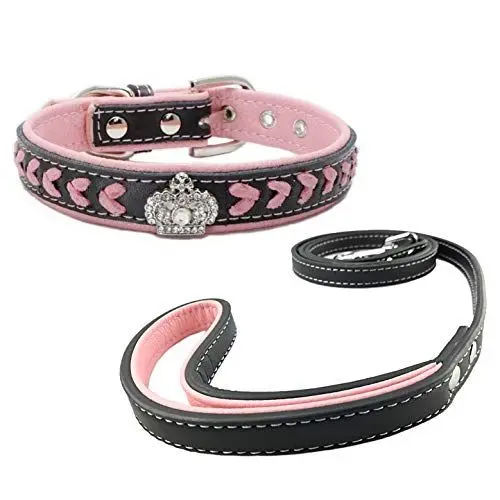 Produktbild: Newtensina Hundehalsband und Leine Set Nylonbänder gewebter Bling Kragen Leder Diamante Welpen Halsband mit Leinen für Hunde - Pink - S