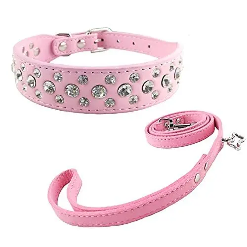 Produktbild: Newtensina Mode Hundehalsband und Blei Set Bling Welpen Halsband Cute Diamante Hundehalsband mit Leinen - Pink - S