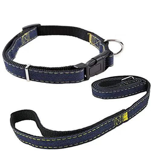 Produktbild: Newtensina Mode Hundehalsband und Leine Set Jeansstoff Welpenhalsband mit Leinen für Hunde - Black - S