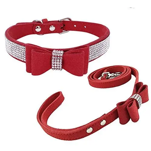 Produktbild: Newtensina Mode Hundehalsband und Leine mit Fliege Bling Welpen-Kragen-Leine mit Bogen für Hund - Red - XXS