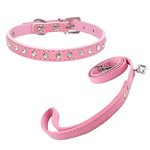Produktbild: Newtensina Netter Diamante Welpen Halsband und Leine Set Bling Wildleder Halsband mit Leine für kleine Hunde Katzen - Pink - XS