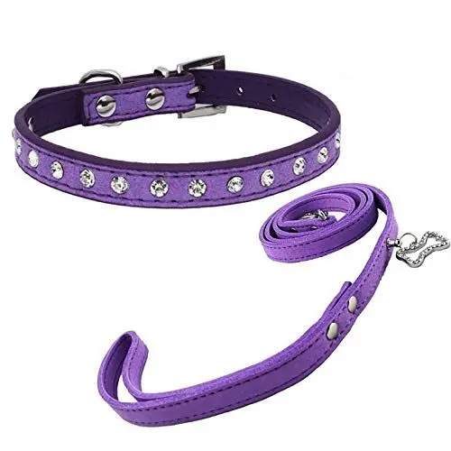 Produktbild: Newtensina Netter Diamante Welpen Halsband und Leine Set Bling Wildleder Halsband mit Leine für kleine Hunde Katzen - Purple - XS