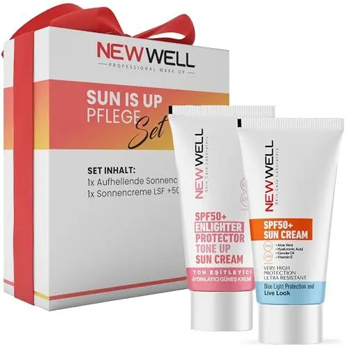 Produktbild: NEWWELL Sonnencreme SPF 50+ Pflege-Set, Effektiver Schutz vor Blaulichtstrahlen UVA UVB, Aufhellende Eigenschaft mit Aloe Vera und Karottenwurzel Extrakt·· Wasserfest