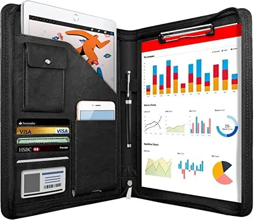 Produktbild: NEWYES NY-A403-BL-EU Konferenzmappe aus Leder, mit Reißverschluss, A4, Reisedokumentenmappe, Portfolio-Reisetasche, persönlicher Agenda-Organizer, 33,5 cm x 25 cm x 3,5 cm, Schwarz-Weiß