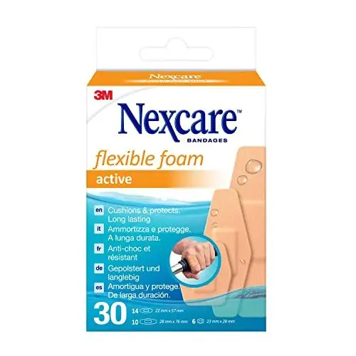 Produktbild: Nexcare Active Flexible Foam Pflaster, Verschiedene Größen, 30 Stück, Atmungsaktive & Wasserfeste Pflaster für Kleine Wunden, Kratzer, Für Erste-Hilfe-Kits