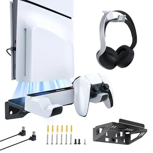 Produktbild: NexiGo PS5 Wandhalterungsset mit Ladestation für PS5 (alle Versionen) und Neue PS5 Slim Konsolen, reguläre und DualSense_Edge-Controller, Stabiler metallischer Wandhalter