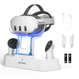 Produktbild: NexiGo Verbesserte Ladestation mit LED-Licht (EIN/Aus) für Oculus Quest 3, (Unterstützt Elite Strap mit Batterie), Headset-Display-Halterung und Controller-Halterung, Wiederaufladbare Batterien, Weiß