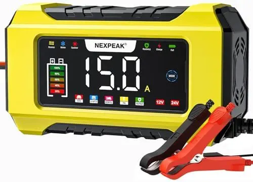 Produktbild: NEXPEAK NC215 15A Autobatterie Ladegerät, 12V 24V LiFePO4 Blei-Säure Tragbares Autobatterieladegerät 9-stufiges Intelligentes Batterieladegerät für Auto, LKW, Motorrad, Rasenmäher, Boot, Marine