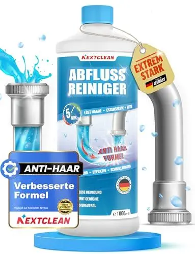 Produktbild: NEXTCLEAN Rohrreiniger Abflussreiniger extra stark (ANTI-HAAR FORMEL) - Entfernt innerhalb Minuten Verstopfungen und Gerüche - Rohrfrei extra stark für alle Abflüsse - 1L Abflußreiniger