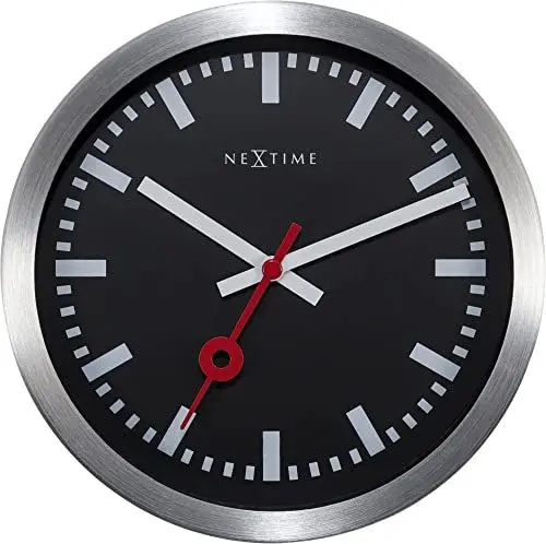 Produktbild: NeXtime Bahnhofsuhr,negativ Ziffernblatt (schwarz), Balken statt Ziffern (weiß), lautlos, Silber, Alu, Glasabdeckung, 19 cm x 3,8 cm, 3998STZW