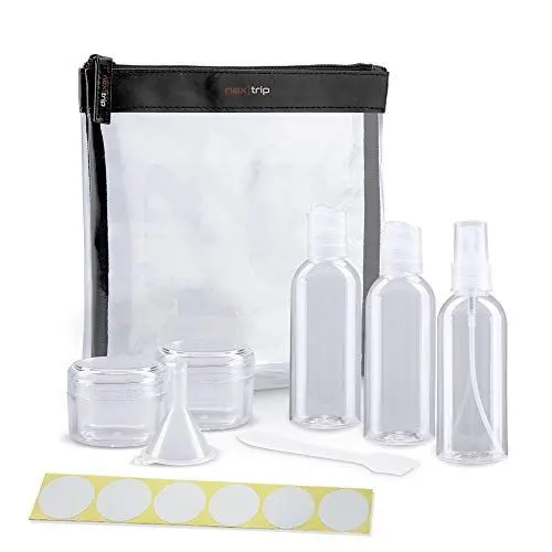 Produktbild: nex|trip Kulturbeutel Transparent + Behälter für Flüssigkeiten Handgepäck - Kosmetiktasche durchsichtig für Flugzeug - Reiseset Kosmetik Beutel - Stickerset