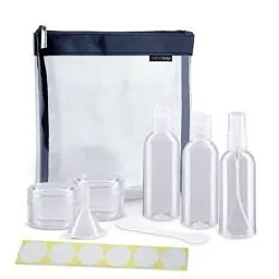 Produktbild: nex|trip Kulturbeutel Transparent + Behälter für Flüssigkeiten Handgepäck + Sticker-Set - Kosmetiktasche durchsichtig für Flugzeug - Reiseset Kosmetik Beutel (Dark Blue)