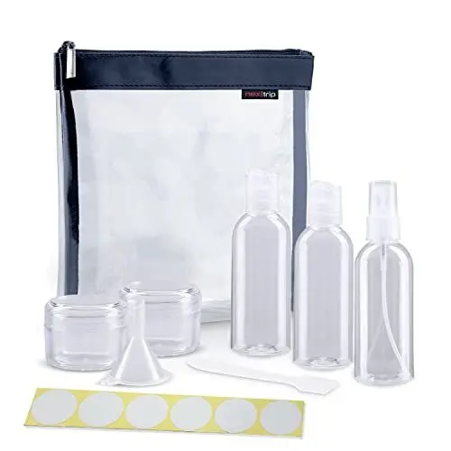 Produktbild: nex|trip Kulturbeutel Transparent + Behälter für Flüssigkeiten Handgepäck + Sticker-Set - Kosmetiktasche durchsichtig für Flugzeug - Reiseset Kosmetik Beutel (Dark Blue)