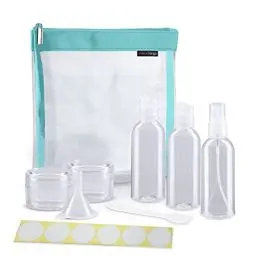 Produktbild: nex|trip Kulturbeutel Transparent + Behälter für Flüssigkeiten Handgepäck + Sticker-Set - Kosmetiktasche durchsichtig für Flugzeug - Reiseset Kosmetik Beutel (Cyan)