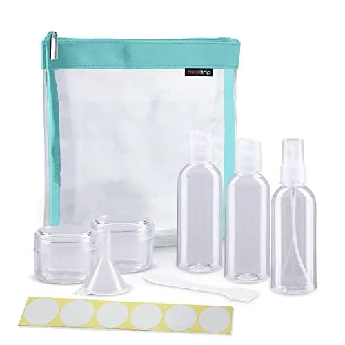 Produktbild: nex|trip Kulturbeutel Transparent + Behälter für Flüssigkeiten Handgepäck + Sticker-Set - Kosmetiktasche durchsichtig für Flugzeug - Reiseset Kosmetik Beutel (Cyan)