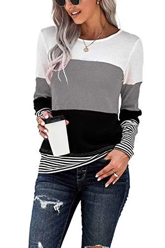Produktbild: NEYOUQE Pullover Damen Langarm Gestreift Rundhals Longsleeve Tshirt Beliebten Pullover Basic Tops Bekleidung Sweatshirt Damen Grau L 44-46
