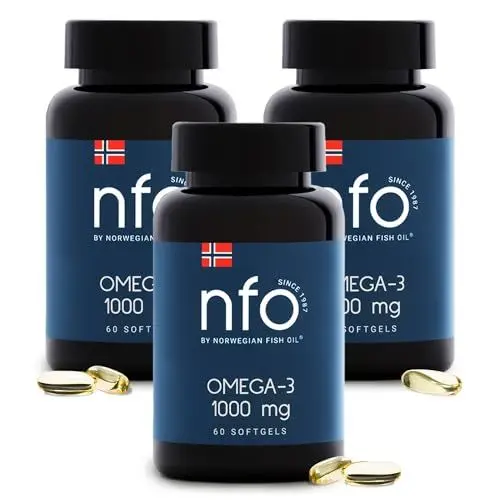 Produktbild: NFO OMEGA 3 1000 mg 3er Pack (3x60=180 Kapseln) Norwegische Fischöl Omega 3 Kapseln hochdosiert, Fischöl Kapseln EPA & DHA als TG-Form & Vitamin E, Omega 3 Öl Aminosäuren Komplex hochdosiert Wildfisch