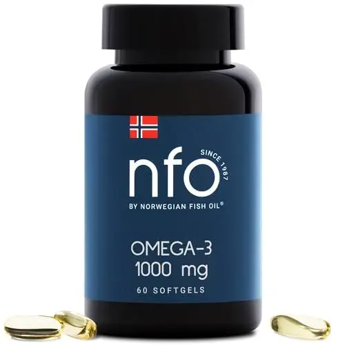 Produktbild: NFO OMEGA 3 1000 mg (60 Kapseln) Norwegische Fischöl Omega 3 Kapseln hochdosiert, Fischöl Kapseln EPA & DHA als Triglyzerid & Vitamin E, Omega 3 Öl Aminosäuren Komplex hochdosiert aus frisch Wildfisch