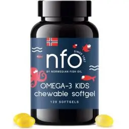 Produktbild: NFO OMEGA 3 KIDS (120 kaubare Mini Softgel Kapseln) Norwegen Omega 3 Kapseln hochdosiert, Tutti-Frutti-Geschmack, Natürliches Fischöl: EPA, DHA, Triglyceride, Vitamine D3 & E, Aus wildem Fisch