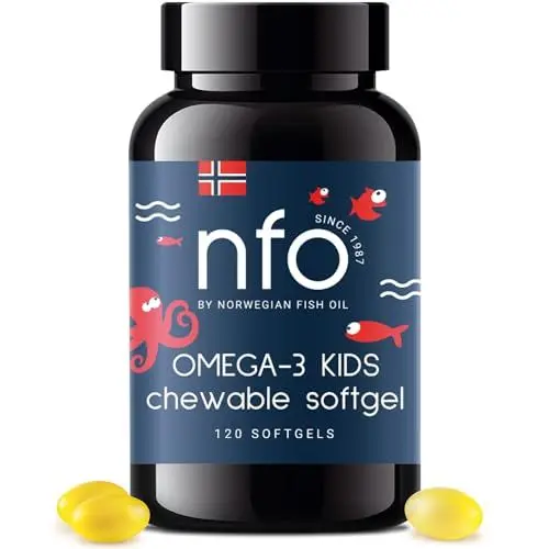Produktbild: NFO OMEGA 3 KIDS (120 kaubare Mini Softgel Kapseln) Norwegen Omega 3 Kapseln hochdosiert, Tutti-Frutti-Geschmack, Natürliches Fischöl: EPA, DHA, Triglyceride, Vitamine D3 & E, Aus wildem Fisch