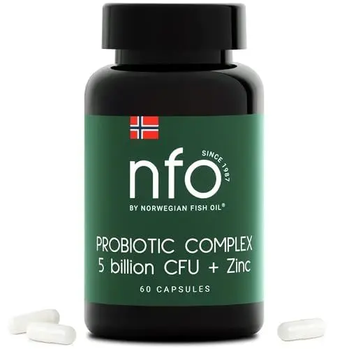 Produktbild: NFO PROBIOTIC COMPLEX 5 billion CFU + Zinc (60 Kapseln) Natürlicher hochdosierter Komplex aus Probiotika mit Zink, für das Immunsystem, Haut, Haare, Nägel, Zähne, Knochen, Hergestellt in Finnland