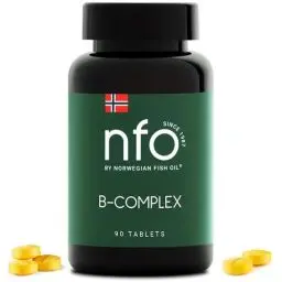 Produktbild: NFO VITAMIN B COMPLEX (90 Tabletten) Norwegischer natürlicher hochdosierter Vitamin B Komplex in leicht bioverfügbarer Form: B1, B2, B3, B5, B6, B9, B12. Für Männer und Frauen, Hergestellt in Norwegen