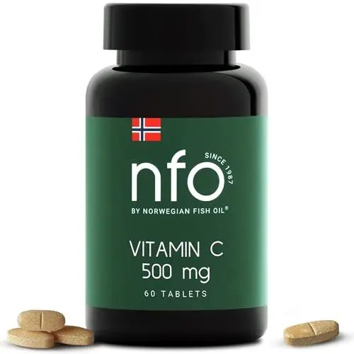 Produktbild: NFO VITAMIN C 500 MG (60 Tabletten) Norwegischer natürlicher hochdosiert Vitamin C Komplex mit Schutz für Magen, Verdauungssystem, Zähne und zur Unterstützung des Körpers, Vegan