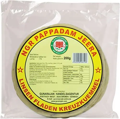 Produktbild: Ngr Pappadam, Linsenmehlfladen, mit Kreuzkümmel, 200g (1 x 200 g Packung)