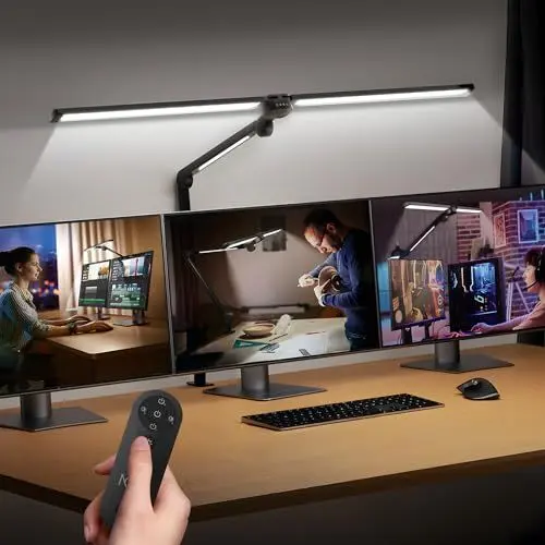 Produktbild: NGTeco LED Schreibtischlampe mit 3 Lichtleisten, 39,3 Zoll dimmbare Arbeitsplatzlampe, Augenfreundliche Tischleuchte mit verstellbarem Schwenkarm, 1500LM ultrabright Architektenlampe mit Fernbedienung