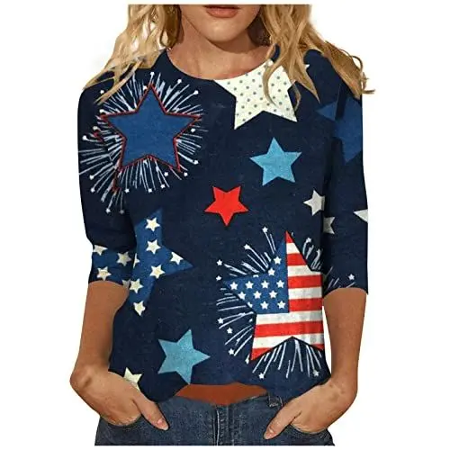 Produktbild: NHNKR Pullover Damen Mode Gummizug Top Independence Day Polyester Rundhals mit Smok Krage Pullover Frauenkleidern Übergröße Bedruckte Bequemer Kurzärmelige Schule Marine