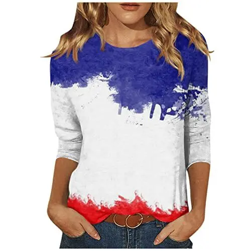Produktbild: NHNKR Pullover Damen Sport Gemütlich Pullover Lässige Polyester Rundhals Plissierte Independence Da Pullover Frauenkleidern Print Lauschig Grosse GröSsen 3/4 Ärmel Blau