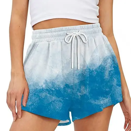 Produktbild: NHNKR Shorts Women Bunte Outdooren Kurze Sommer Fit Pants Dünnee Mit Schlitz Wideleg Elastische Taill Hose Women Atmungsaktive Böhmen Blau