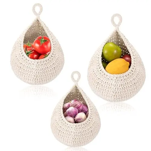 Produktbild: Niboken Obstkorb Hängend Wand für Küche, Boho Hängekorb Fruit Basket Aufbewahrungskörbe, Handgewebt Jutetasche Gemüse und Obst Korb Dekorativer Hängekörbchen für Organisation, Weiß (3 Stück)
