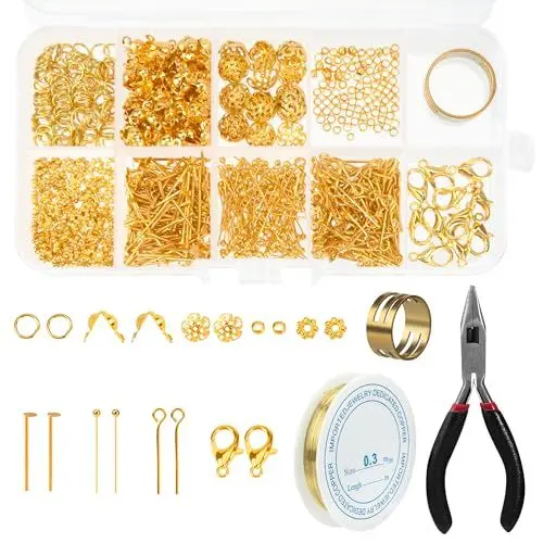 Produktbild: Schmuckherstellung Set Biegeringe Schmuck Reparatur Kit Ohrringe Basteln Machen Zubehör im Kunststoff Box 10 Taschen für DIY Anfänger Heimwerker Erwachsene (Gold)