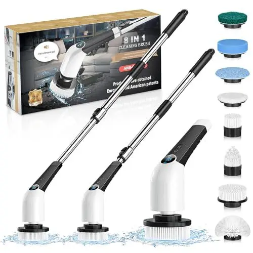 Produktbild: NIBSHOOM Elektrische Reinigungsbürste Haushalt,8-IN-1 Spin Scrubber mit 3 Geschwindigkeiten & LED Anzeige,137CM Verstellbarer Putzbürste Elektrisch,Elektrische Bürste Zum Putzen Bad Fliesenboden Küche