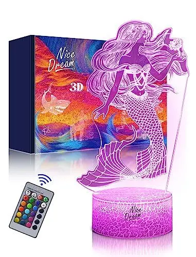 Produktbild: Nice Dream Meerjungfrau Nachtlicht für Kinder, 3D Illusion Lampe Kinderzimmer LED Licht, Fernbedienung 16 Farbwechsel Dimmbar, Kinder Schlafzimmer Dekor, Geschenk für Mädchen Junge