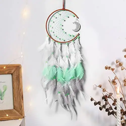 Produktbild: Nice Dream Mond Traumfänger mit LED Licht, Handgemachte Dreamcatcher mit Federn, Maiden Zimmer Schlafzimmer Romantische Dekoration für Wandbehang Wohnkultur Ornamente Handwerk Grün