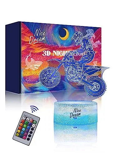 Produktbild: Nice Dream Motorrad Nachtlicht für Kinder, 3D Illusion Lampe Kinderzimmer LED Licht, Fernbedienung 16 Farbwechsel Dimmbar, Weihnachtsgeschenke für Mädchen Junge Wohnzimmer Schlafzimmer Dekor