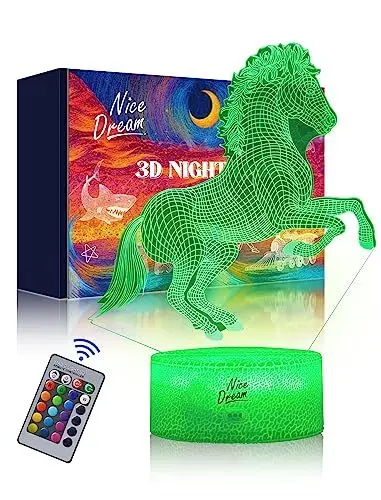 Produktbild: Nice Dream Pferd Nachtlicht für Kinder, 3D Illusion Lampe Kinderzimmer LED Licht, Fernbedienung 16 Farbwechsel Dimmbar, Kinder Schlafzimmer Dekor, Geschenk für Mädchen Junge