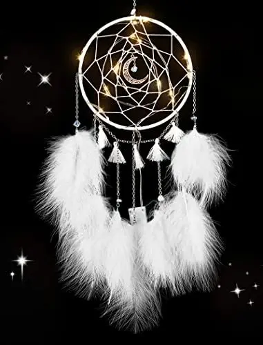 Produktbild: Nice Dream Traumfänger mit LED Licht, Handgemachte Dreamcatcher mit Federn, Maiden Zimmer Schlafzimmer Romantische Dekoration, für Wandbehang Wohnkultur Ornamente Handwerk Weiß
