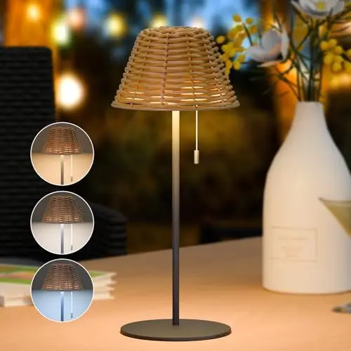 Produktbild: NiceBuy Tischlampe Kabellos Outdoor Rattan Bambus LED USB Aufladbar Akku Tischleuchte Dimmbar Warmweiß/Kaltweiß FüR DraußEn Camping Patio Dekoration