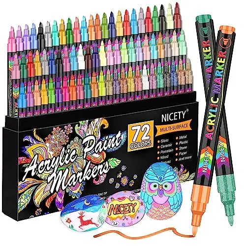 Produktbild: NICETY Acrylstifte für Steine Wasserfest - 72 Multimarker Acrylmarker Glasmalstifte für Stein Stoff Holz Leinwand Glas Keramik - 0,7 mm Acrylic Paint Marker Porzellanstifte