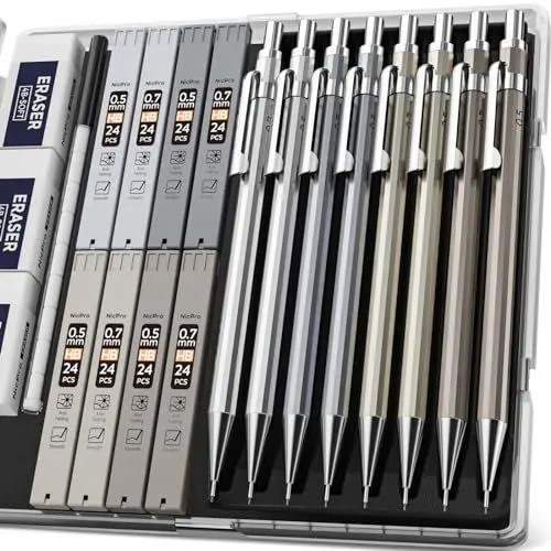 Produktbild: Nicpro 20 Stück Druckbleistifte Set, Metall Bleistifte 0,5 mm und 0,7 mm mit 8 Dosen HB Bleistiftminen, 3PCS 4B Radiergummis, Bleistifte zum Schreiben, Skizzieren und Zeichnen