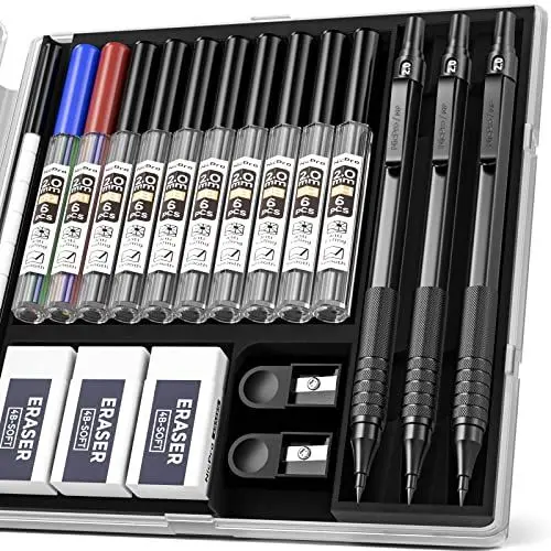 Produktbild: Nicpro 2mm Druckbleistifte Set mit Etui, 3 Stücke Schwarz Fallminenstift Metall Mechanical Pencil 2.0 mm, 10 Dosen Farbe & Schwarz Bleimine (HB 2B 4B 4H 2H), Radiergummis Anspitzer für Zeichnen
