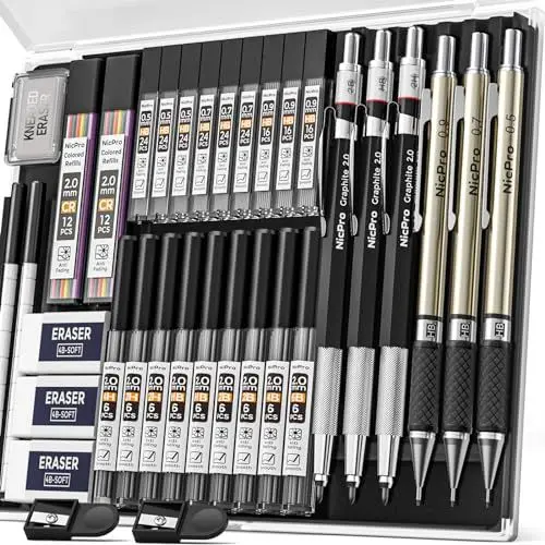 Produktbild: Nicpro 35 Stück Kunst Druckbleistift Set, Metall Bleistifte 0,5 & 0,7 & 0,9 mm und 3 Stück 2 mm Fallminenstift mit 20 Dosen Ersatzminen(Farben 6B, 4B, 2B HB, 2H, 4H) zum Skizzieren und Zeichnen